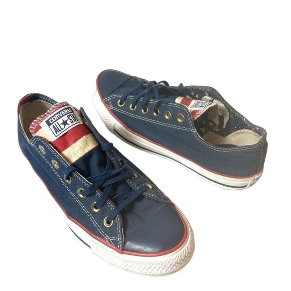 Converse All Star Skate Shoe Men 7 Blue Red Cream Striped Tongue Low Top Lace Up - Picture 2 of 10